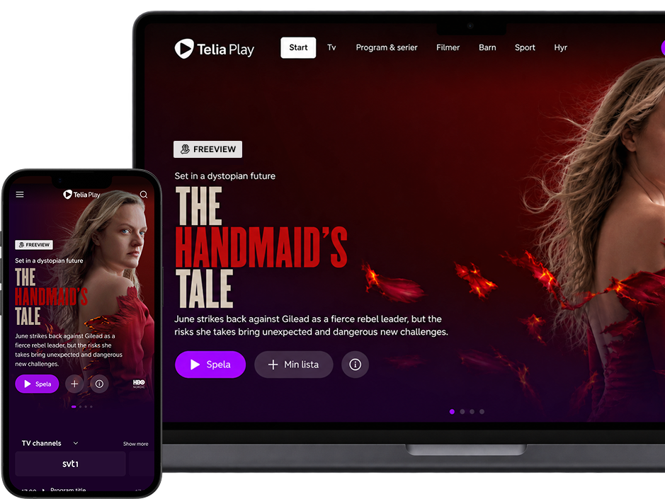 Telia Play on laptop and mobile showing content with the Freeview label
