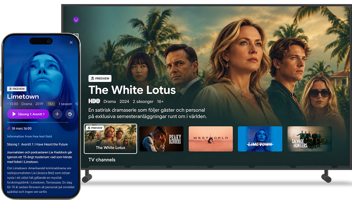 The White Lotus on TV and Limetown on mobile, both with the Freeview indicator